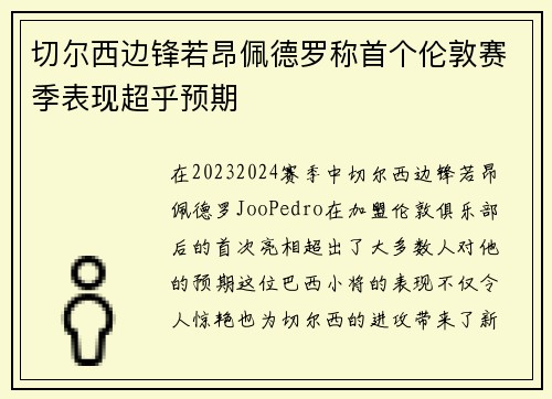 切尔西边锋若昂佩德罗称首个伦敦赛季表现超乎预期 切尔西边锋若昂佩德罗称首个伦敦赛季表现超乎预期